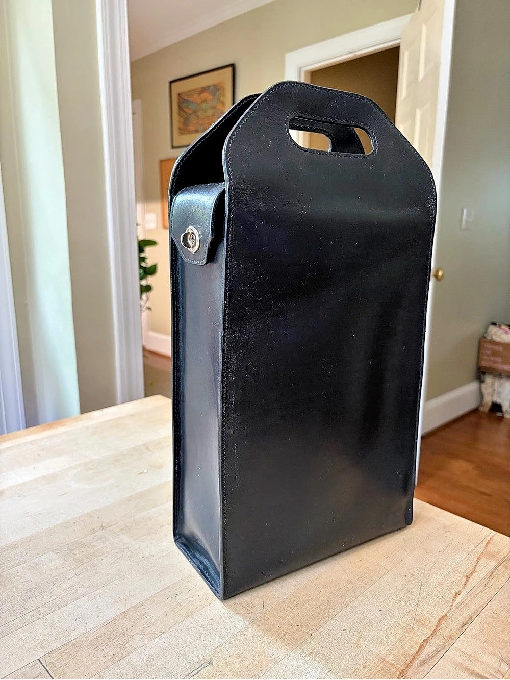 Rare Mulholland Black Leather 2-Bottle Wine Carrier Tote Bag EUC Handmade in USA
